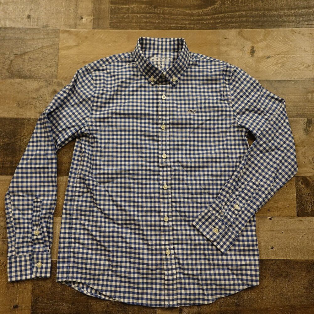 Vineyard Vines‎ Performance Cotton Button-Down Boys Medium Blue Gingham Shirt